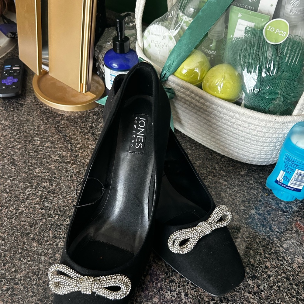 Jones New York Black Satin Flats with Crystal Bow Accent